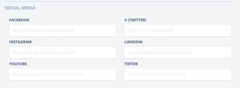 The Social Media block of the candidate form with URL fields for six networks